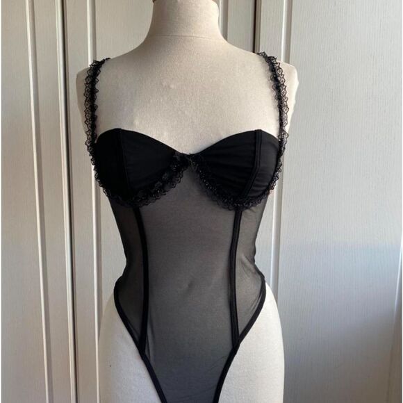 Black Mesh Bodysuit with Lace Straps and Ruffled Cup Details - Picture 5 of 8
